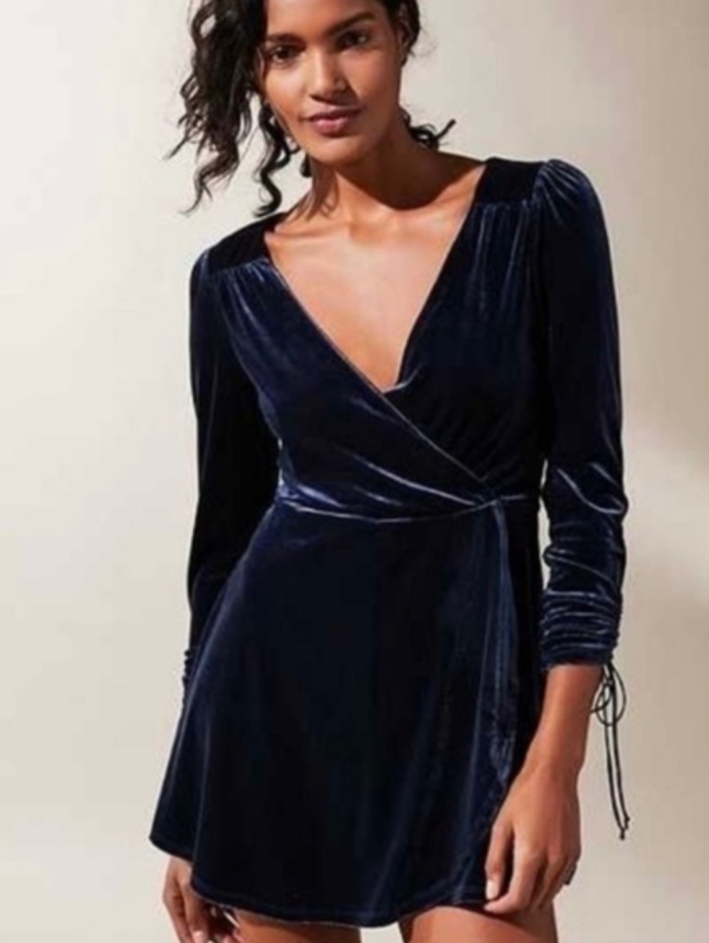 Urban Outfitters midnight blue velour cinched sleeves v-neck short romper